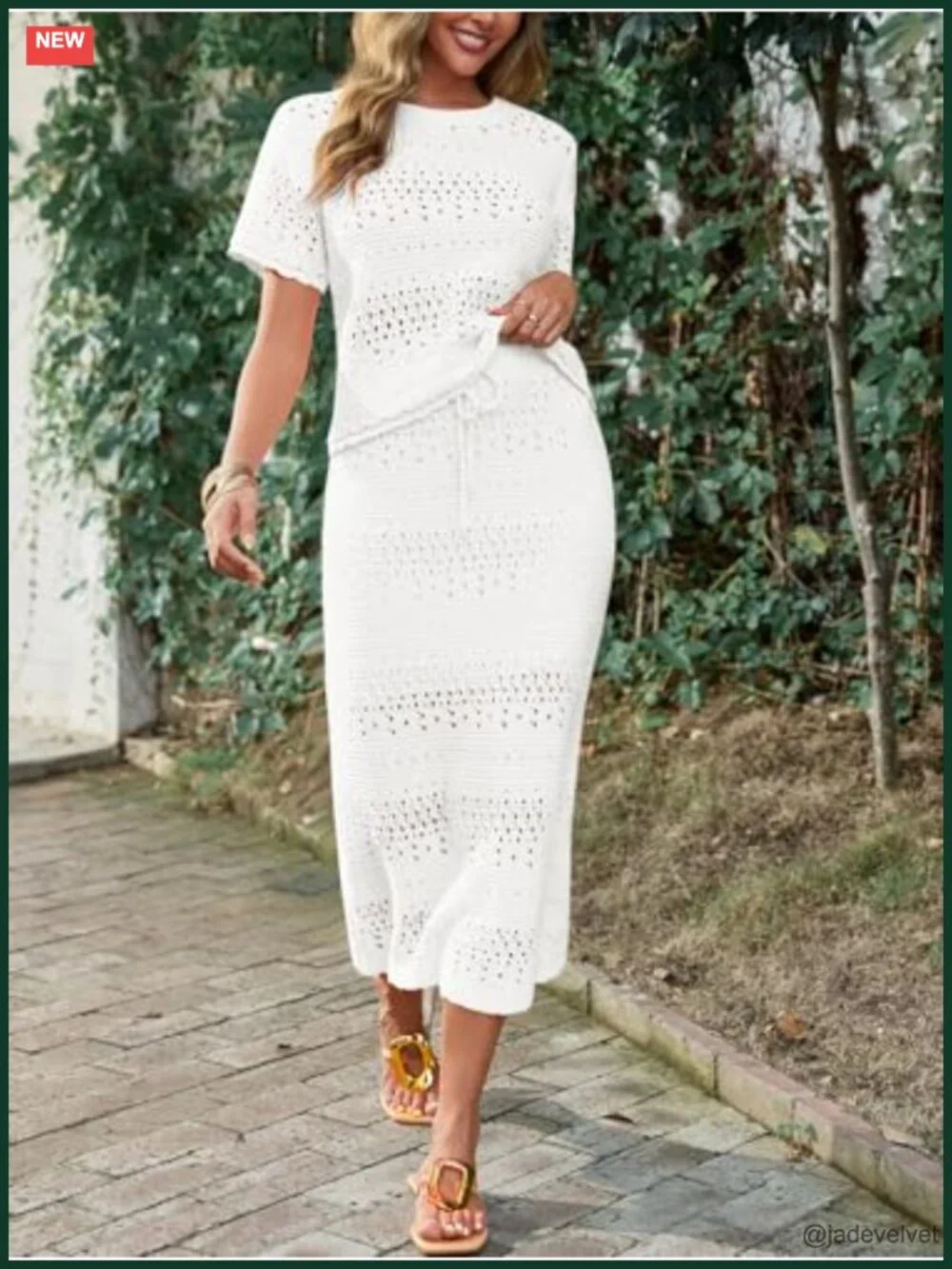 Crochet 2 Piece Skirt Set Short Sleeve Top Midi Skirt Vacation Outfit